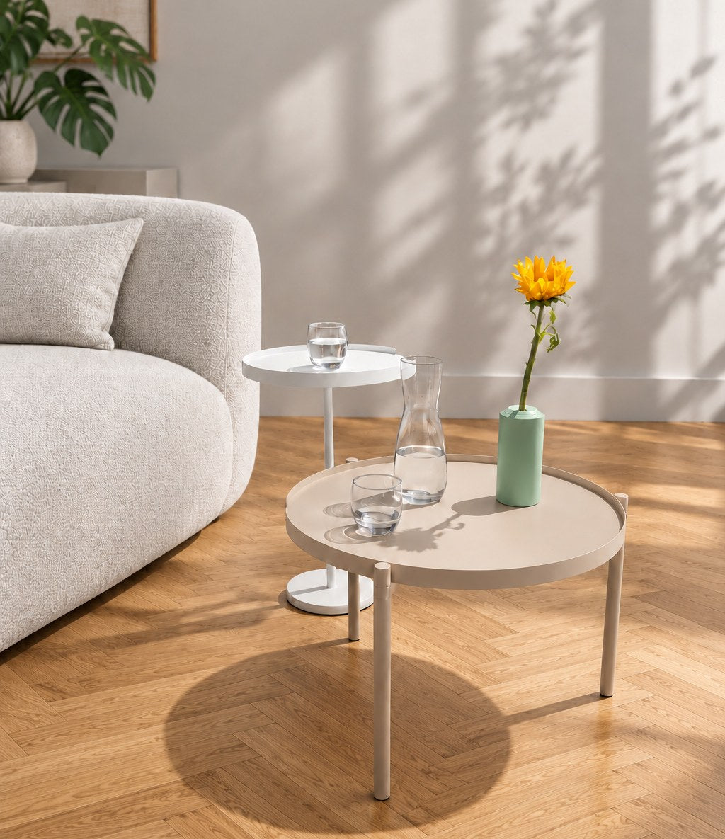 Beiger Metall-Couchtisch und weißer Beistelltisch von Siqual Design vor hellem Sofa.