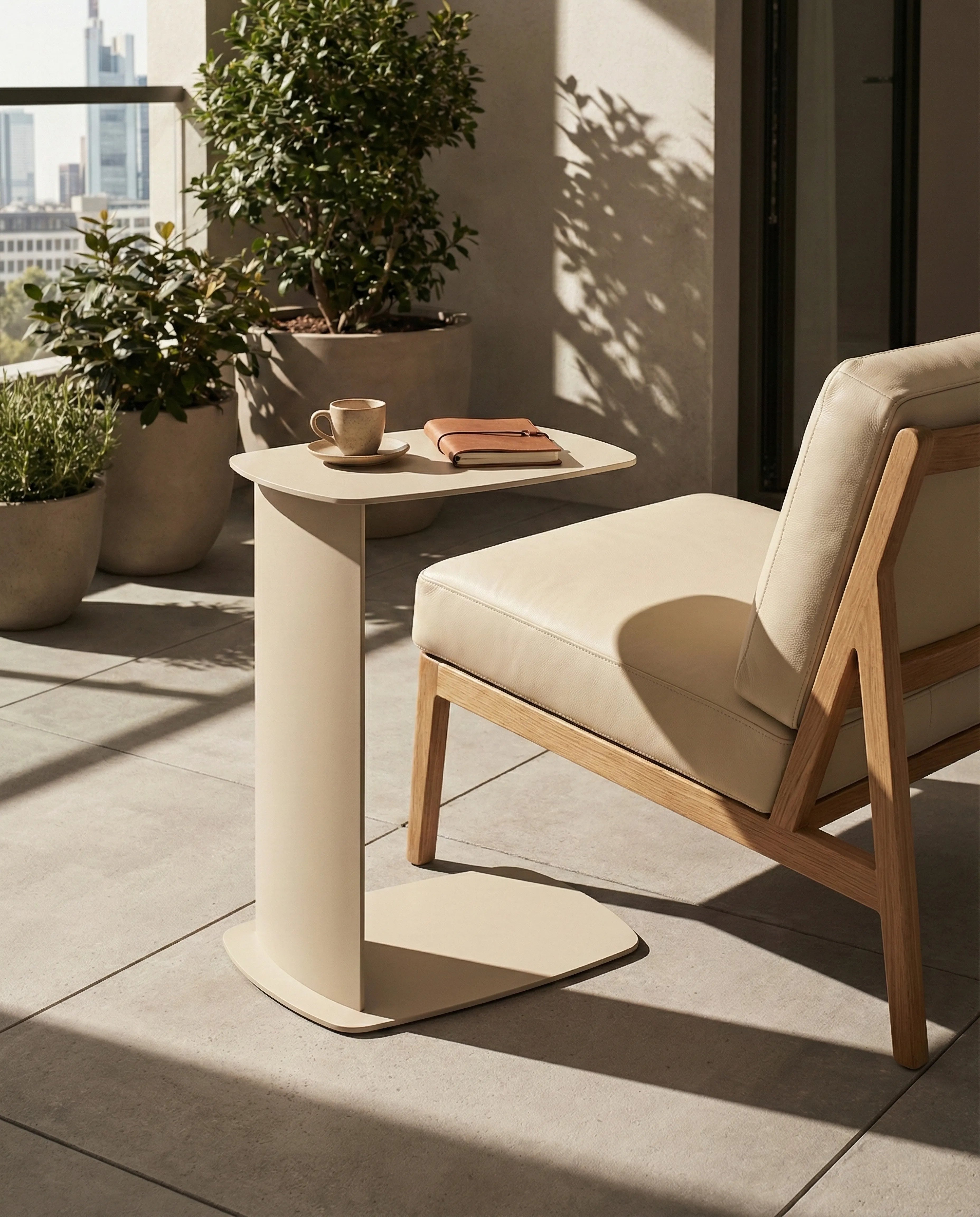 Beistelltisch aus Metall von Siqual Design auf dem Balkon neben Lounge-Möbeln in modernen Farben