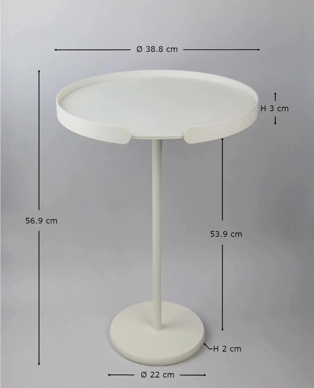 Maßzeichnung des Ollie Beistelltischs von Siqual Design mit allen Abmessungen in cm