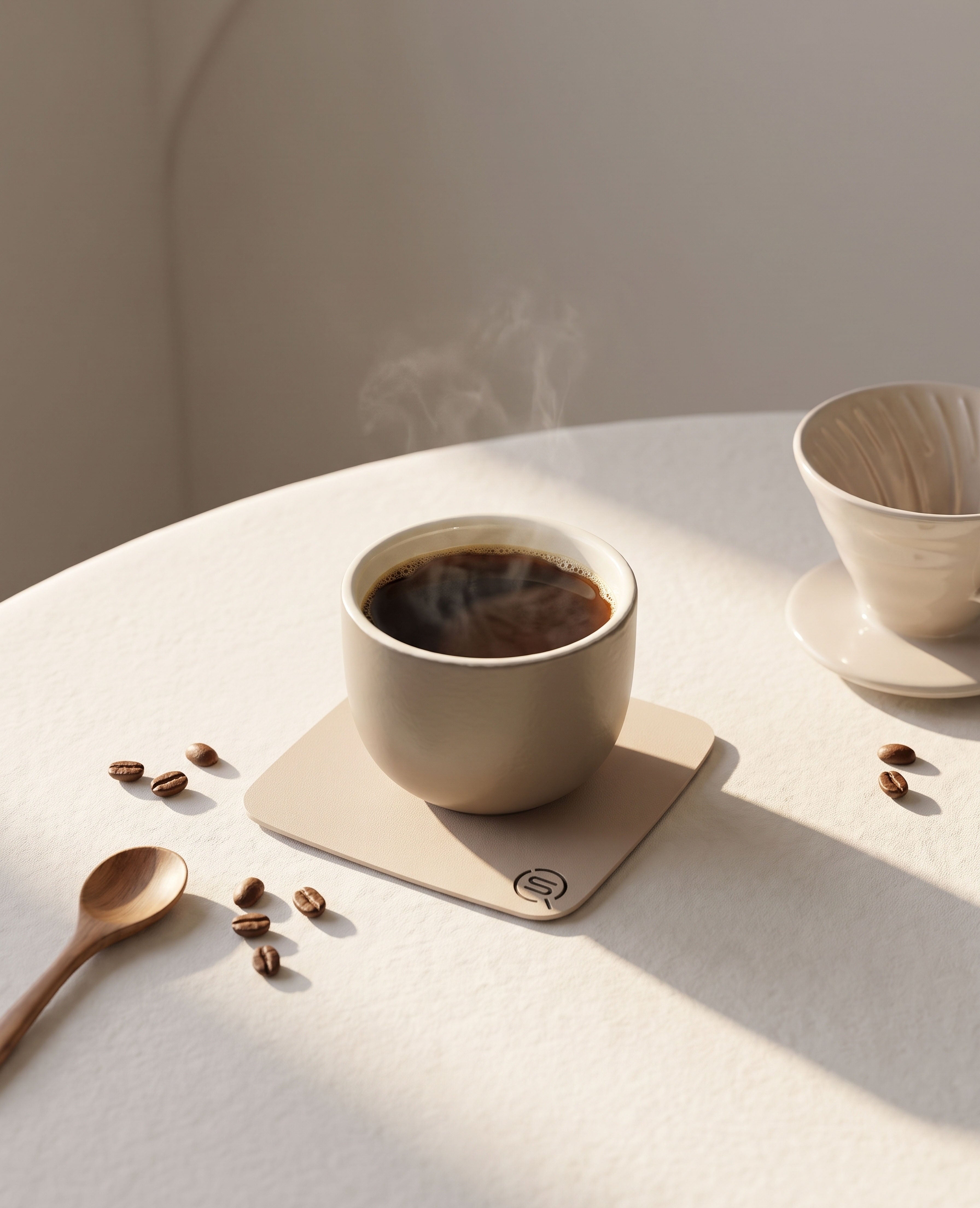 PLAZA Design-Untersetzer aus Edelstahl in Beige von Siqual Design für Gläser, Tassen und Becher im Innen- und Außenbereich.