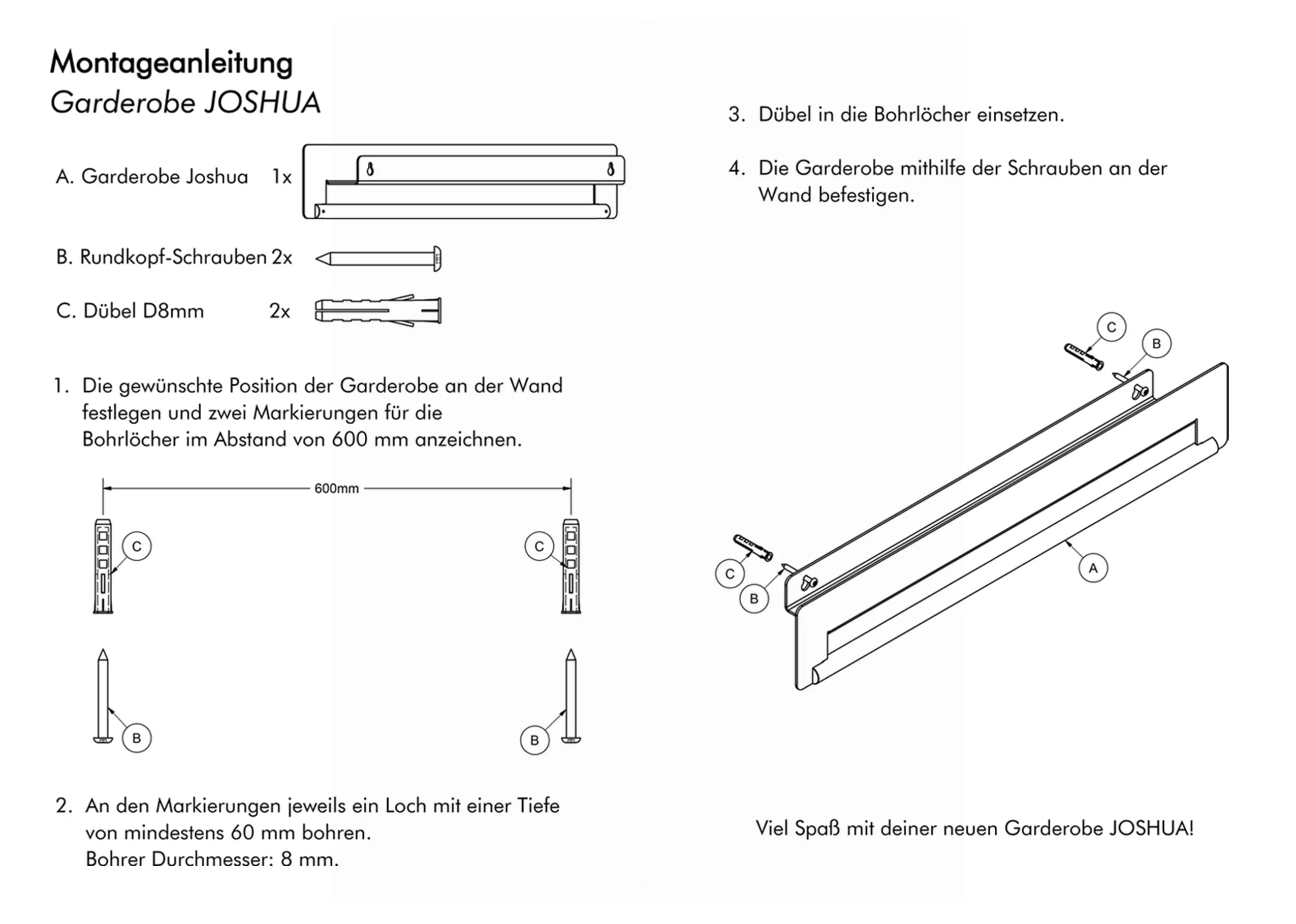 JOSHUA – Platzsparende Wandgarderobe aus Metall mit Regal und 5 Haken für Flur, Küche und Bad
