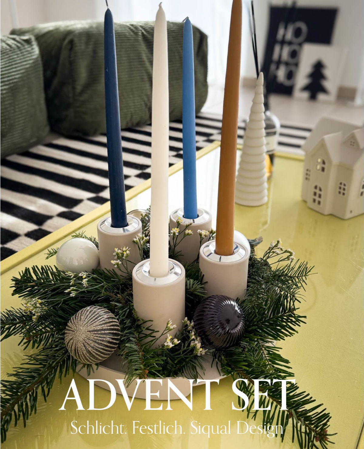 Advents-Set aus Aluminium mit rundem Tablett und Vier 2-in-1 Kerzenhaltern