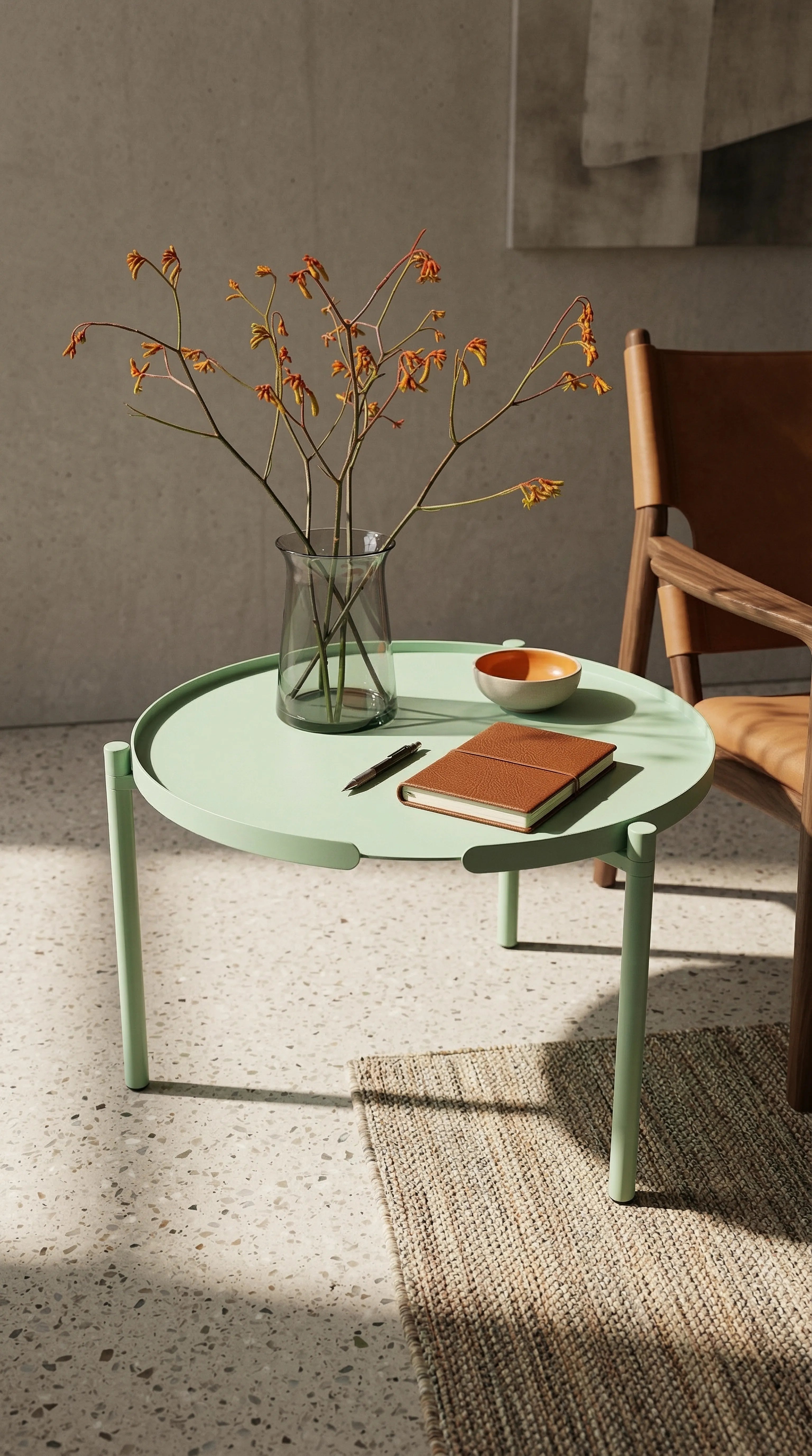 Runder Couchtisch aus Metall Orbis in Mint im Wohnzimmer vor dem Sessel mit klarer Form