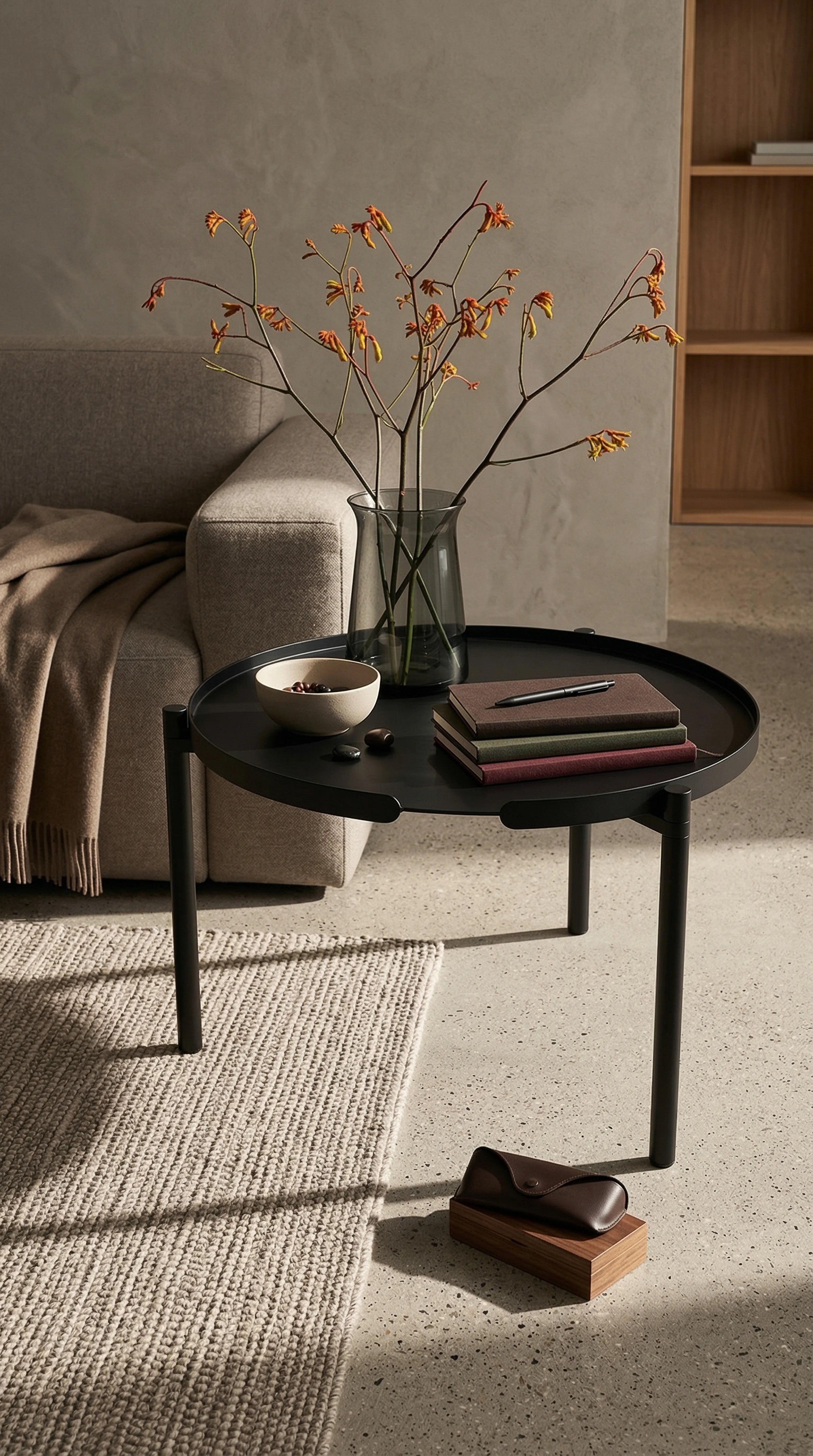 Runder Couchtisch aus schwarzem Metall Orbis von Siqual Design vor dem Sofa im Wohnzimmer