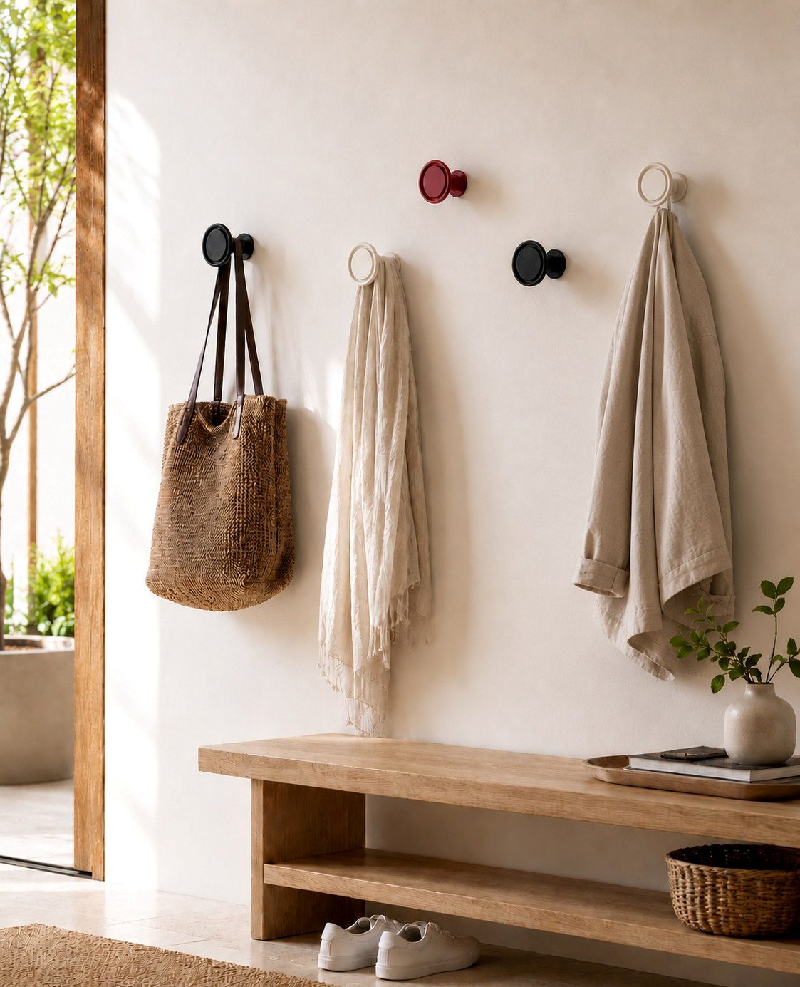 Wandhaken aus Metall in Schwarz, Weiß und Rot von Siqual Design, mit Taschen und Tüchern an einer hellen Wand im modernen Flur.