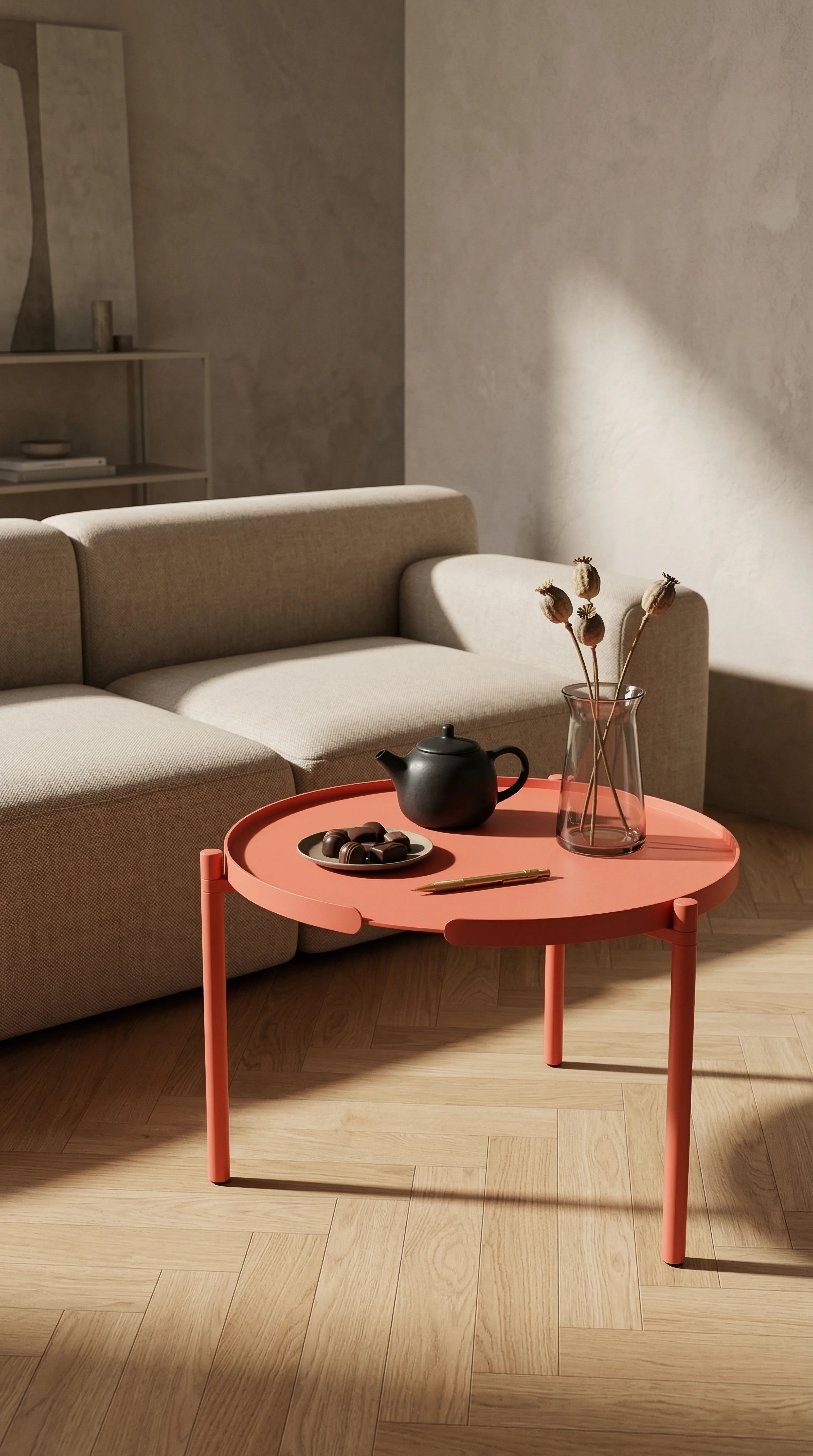 Sofatisch aus Metall Orbis von Siqual Design neben dem Sofa in ruhiger Wohnraumszene
