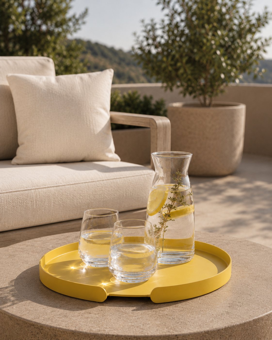 Gelbes rundes LILO Tablett von Siqual Design auf einem Outdoor-Tisch mit Wassergläsern, Zitronen-Karaffe und moderner Lounge im Hintergrund.