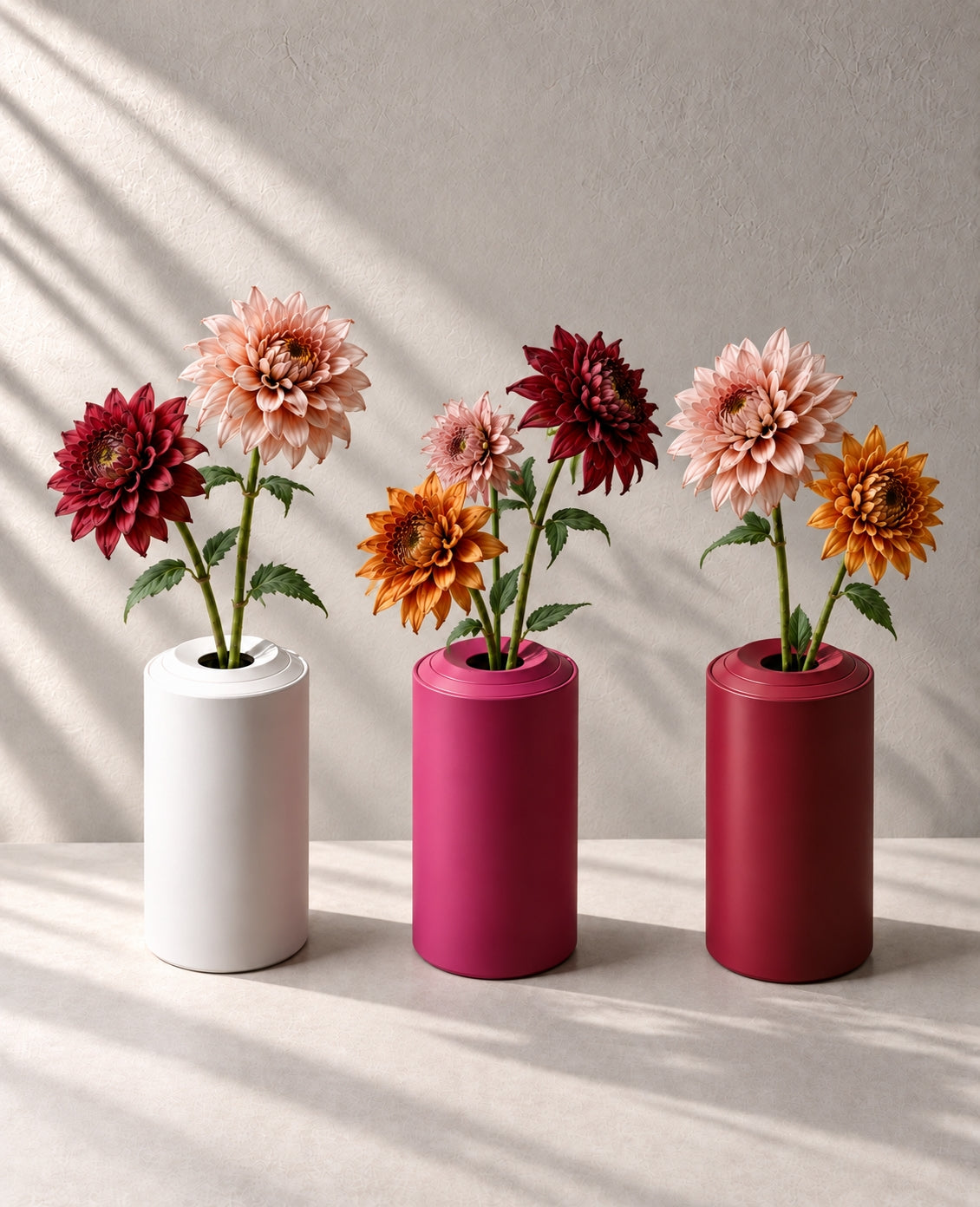 Drei zylindrische Metallvasen von Siqual Design in Weiß, Pinkmagenta und Purpurrot mit herbstlichen Blumen vor einer hellen Wand im Seitenlicht.