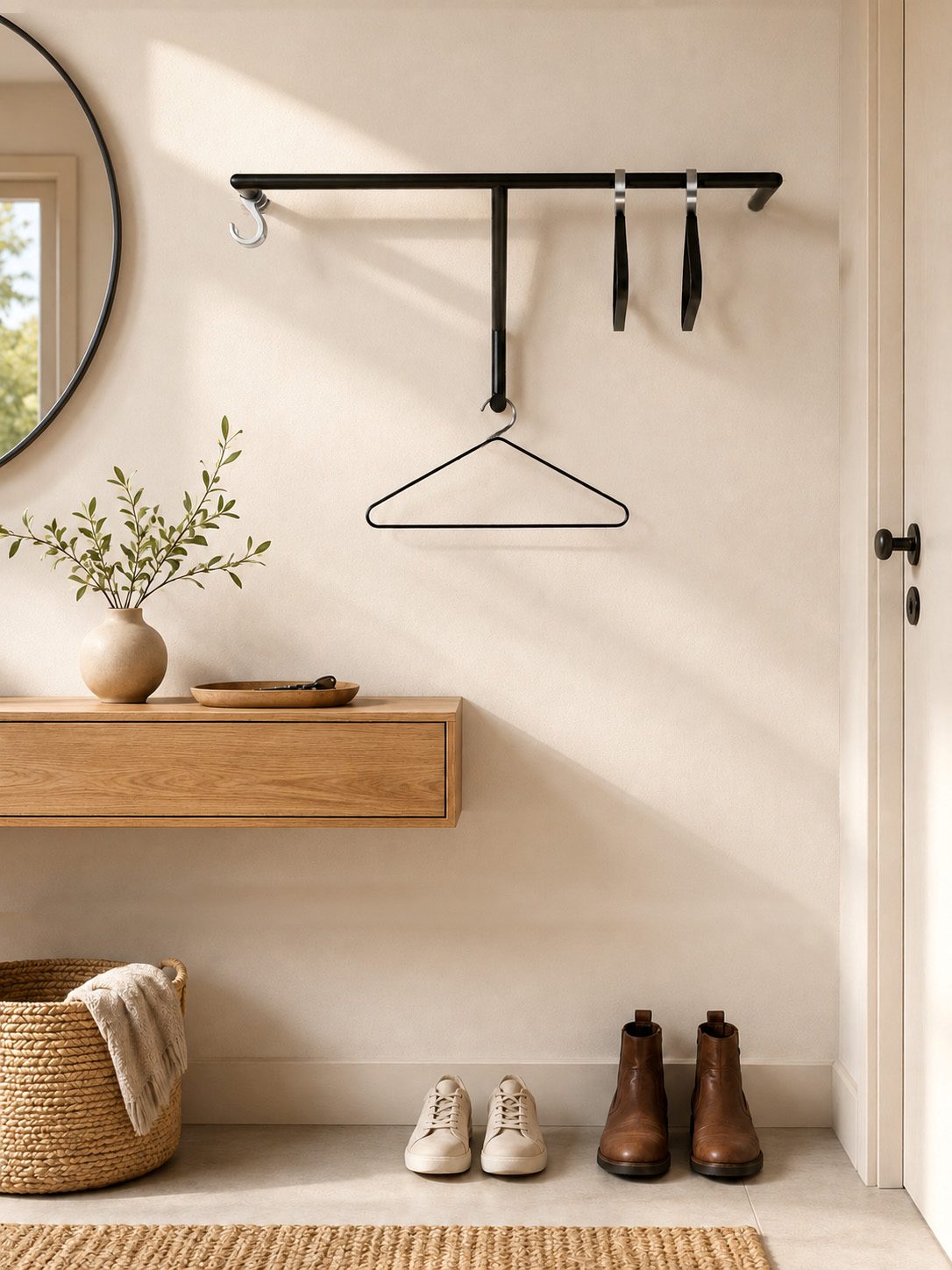Schwarze Wandgarderobe HOOK aus Metall mit verdeckter Wandmontage, HANGER-Haken und Kleiderbügel im modernen Flur