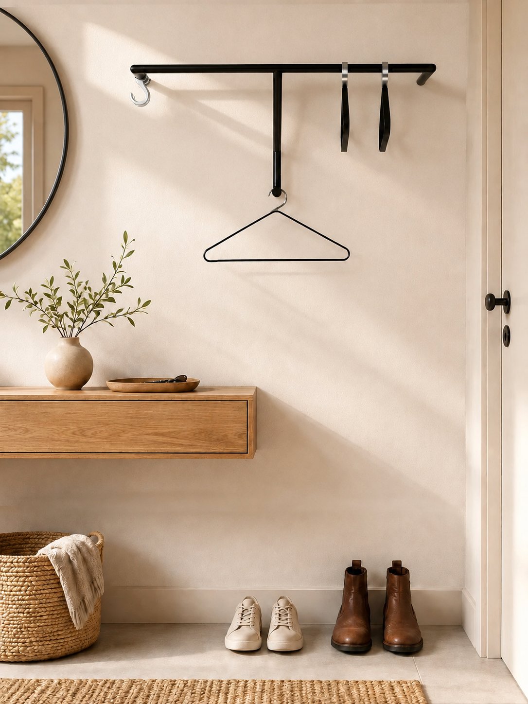 Schwarze Wandgarderobe HOOK aus Metall mit verdeckter Wandmontage, HANGER-Haken und Kleiderbügel im modernen Flur