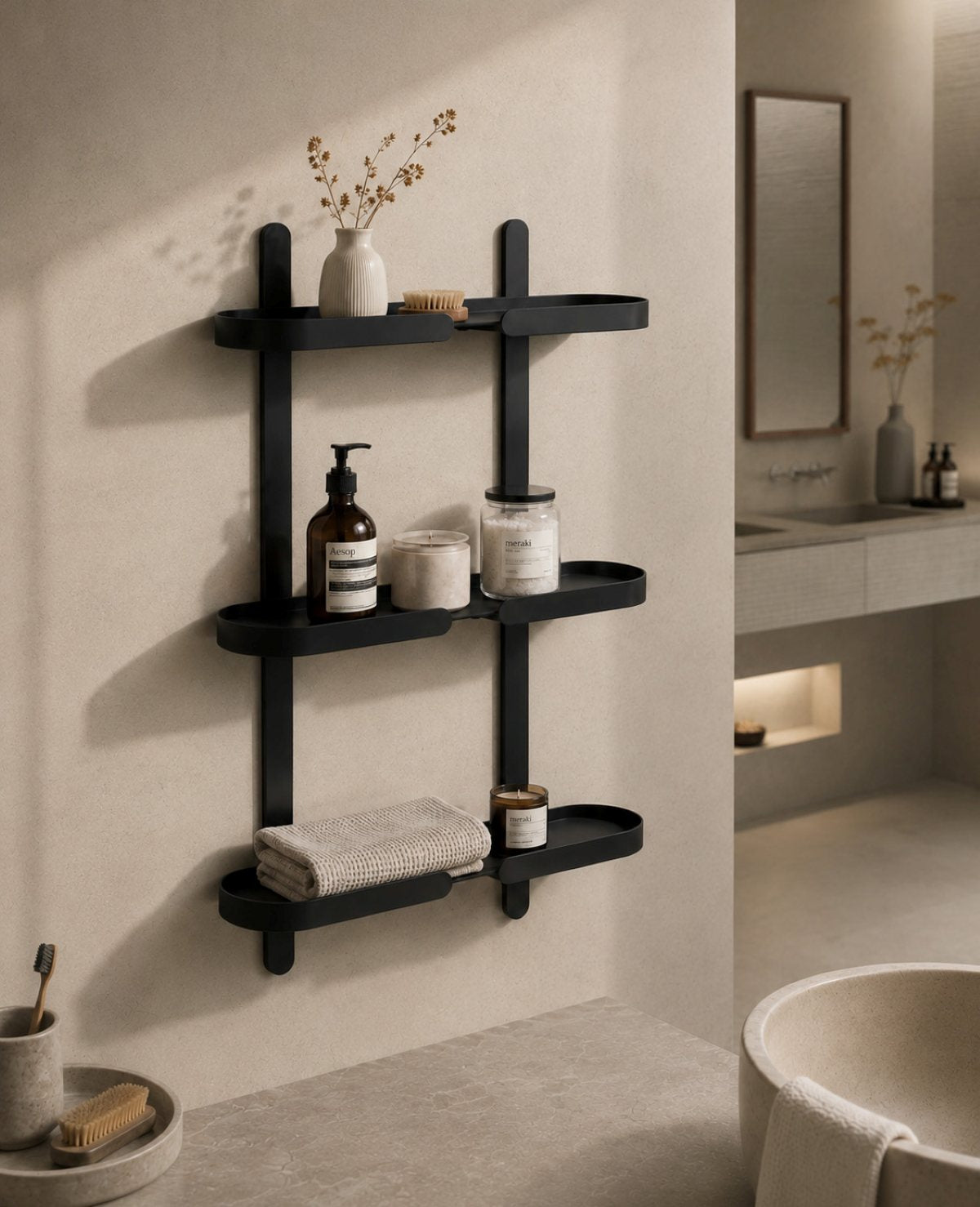 TRIOLUNGO – Design-Wandregal aus Metall mit drei Ablageflächen